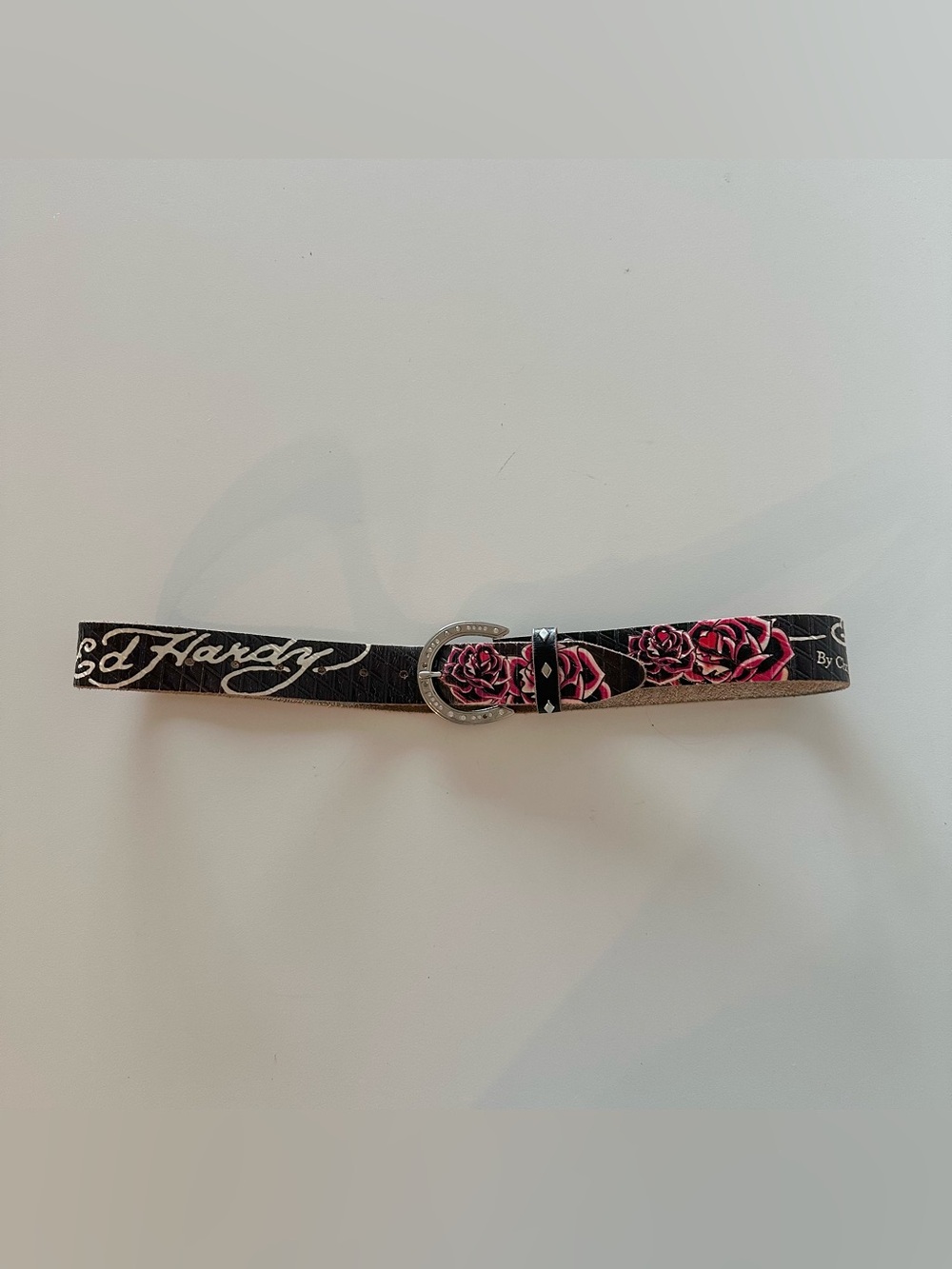 Vintage Y2K Genuine Leather Ed Hardy Tattoo Belt Rhinestone L Black Rose Skull